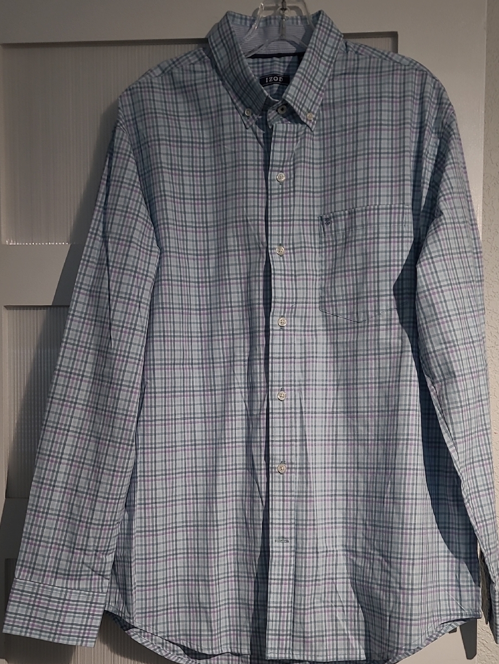 Izod Light Blue, Pink, and Green Plaid Button-Down Shirt